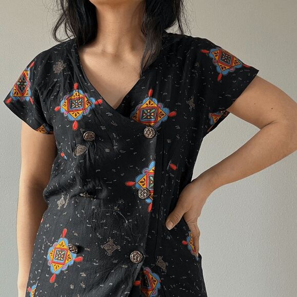 vtg 90s floral print skirt suit set multicolor‎ black vacation outfit boho small - Picture 7 of 9